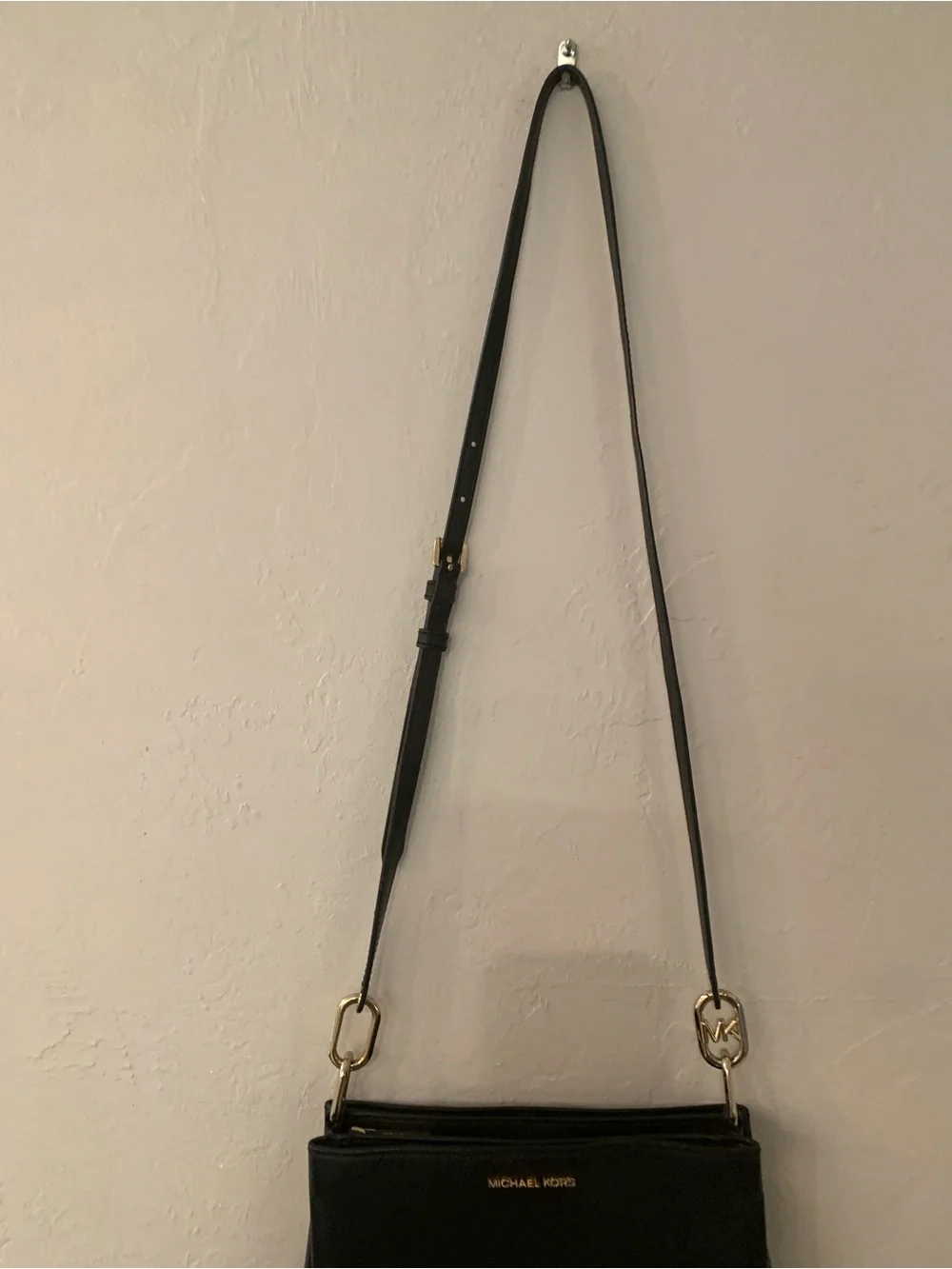 Michael Kors Black Leather Gold-Tone Logo Accent Adjustable  Strap Crossbody